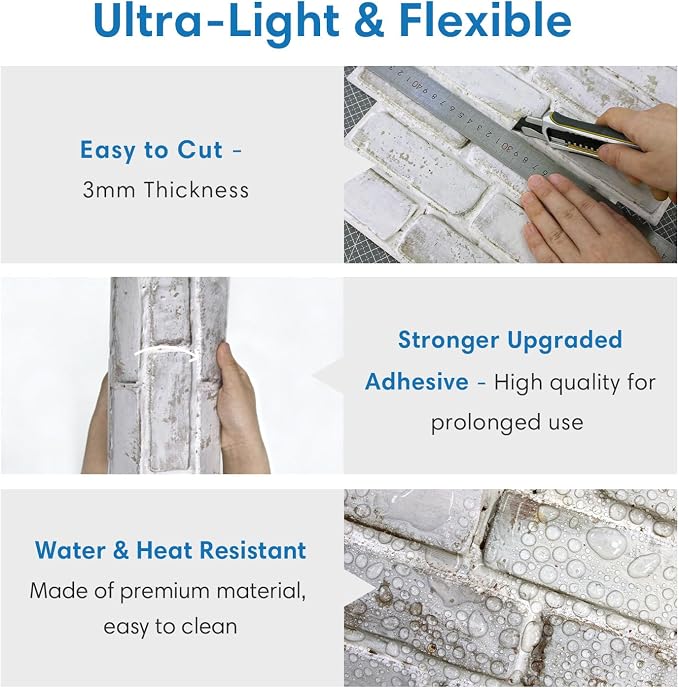 COMSTICKC 3D Faux Brick Wall Panels Peel and Stick, 10 Pcs 11.8" x 11.8" | Whitewash, Not Real Brick, Small Size， Ultra-Light Thin PVC Wall Sticker, 3D Fake Brick Decorative Wall Tiles,Cover 9.7 sq ft - Image 5