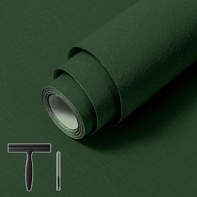 Dark Green Peel and Stick Wallpaper Removable Silk Texture Contact Paper | 15.7" X 196.8" Removable Self Adhesive Textured Wallpaper Covering for Bedroom with Scraper, Paper Cutter - Image 8