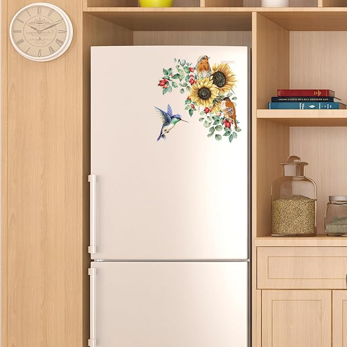 Sunflower Wall Stickers & Murals Bird Wall Decals Peel and Stick Yellow Flower Window Clings Watercolor Hummingbird Art Decor Wall Clings Kitchen Cabinet Decals for Bathroom Toilet Tank Girls Bedroom - Image 5