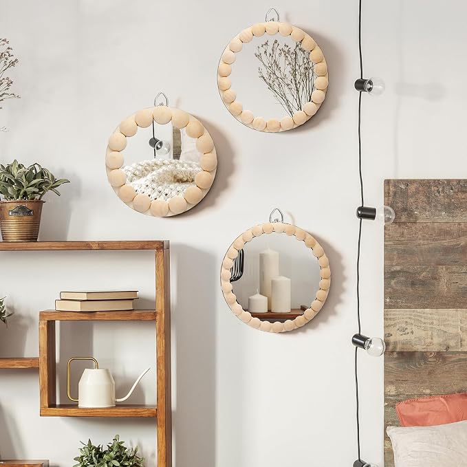 Novabright 3 Pcs Boho Mirror Wall Decor 4.72 Inch Small Round Circle Decorative Mirrors with Wood Bead Hanging Wall Art for Farmhouse Rustic Home Living Room, Bedroom, Bathroom, Entryway - Image 5