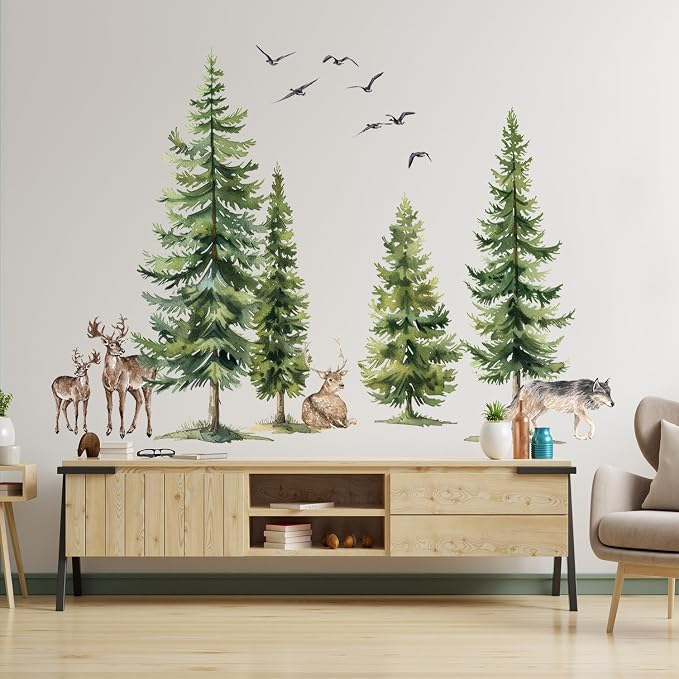 Green Pine Tree Wall Sticker Woodland Animals Wall Decal Peel and Stick Forest Wall Art Mural Deer Wolf Bird Wall Stickers for Bedroom Decor - Image 2