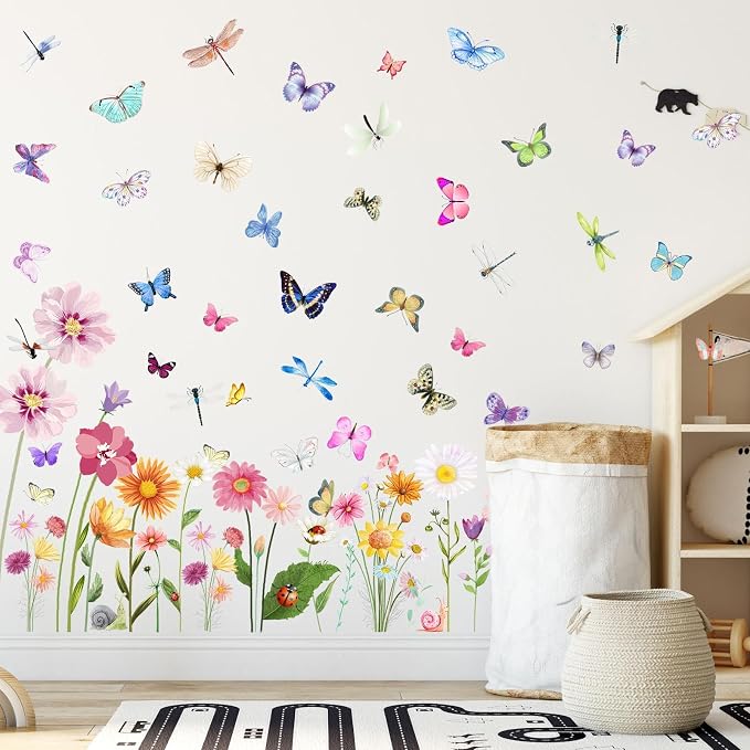 80 Pieces Flowers Butterflies Wall Decals Chrysanthemums Dragonflies Wall Sticker Flowers Peel and Stick Art Removable PVC Garden Decal for Kids Room Nursery Classroom Bedroom Decor, Colorful - Image 6