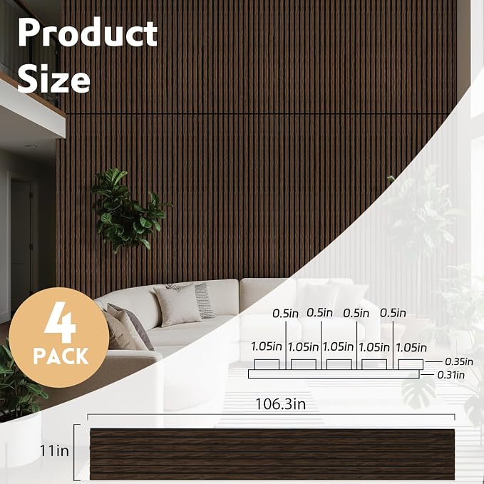4 Pack Wood Panels for Wall, 106.3" × 11" Wood Slat Acoustic Panels for Wall, Soundproof Panels, 3D Fluted Panels for Interior Wall Decor (Dark Walnut) - Image 2
