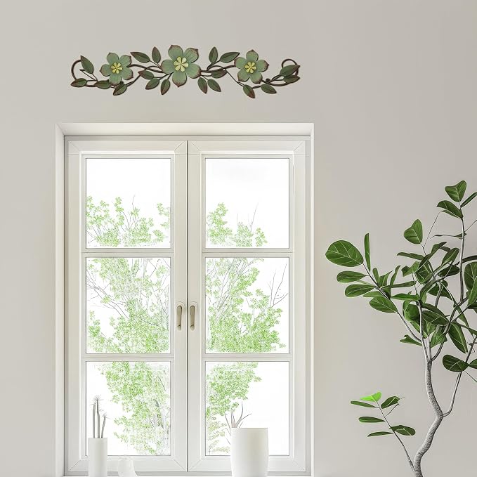 Wesiti Metal Flower Wall Decor Wrought Iron Scroll 15.7x3.7,Green | Vintage Metal Flower decor,Farmhouse Leaf Art with Nails, Flat Not 3D Design, For Bedroom Kitchen Indoor Outdoor Wall Decor - Image 4