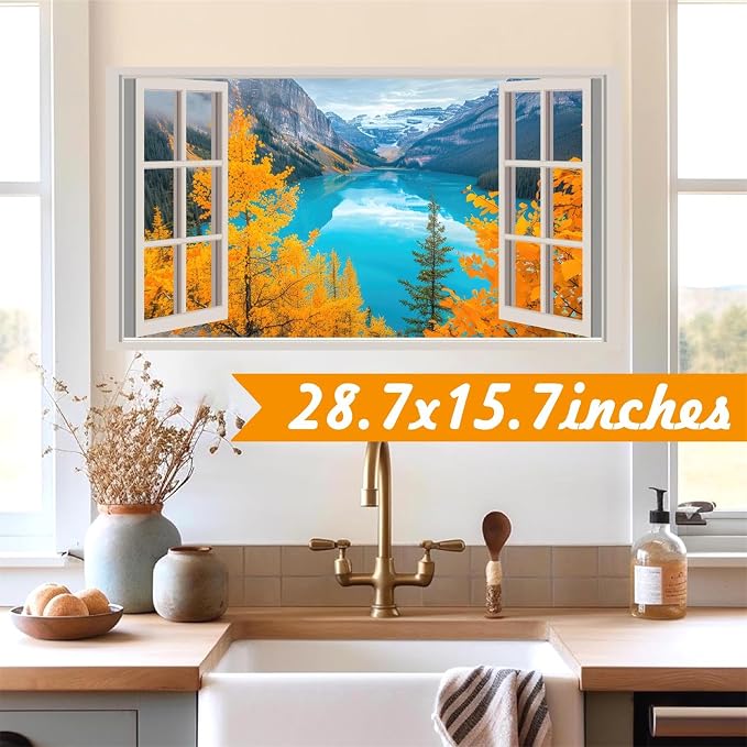 3D Nature Fake Windows Wall Decals Autumn Forest Tree Wall Art Murals Decal Peel and Stick Fall Mountain Lake Sticker Faux Window Landscape Poster Pictures Decals for Bedroom Office Kitchen - Image 6