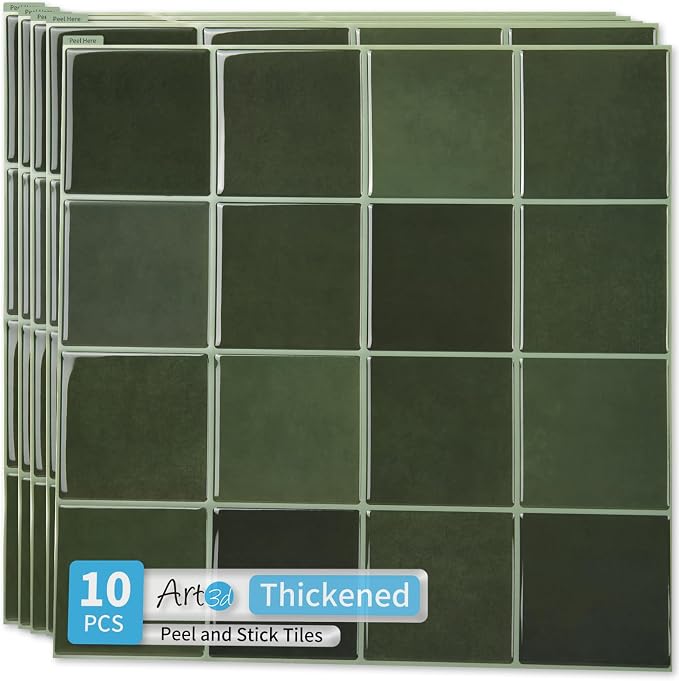 Art3d Grid Design Peel and Stick Backsplash, 10-Pack, 12 x 12 in, Green | Enhanced Thickness, Strong Adhesion, Moisture Resistant, Long-Lasting, Minimalist Look, DIY Friendly, for Kitchen Countertops by Art3d