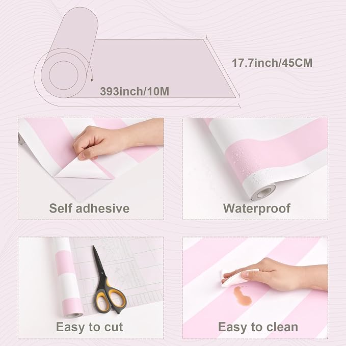 Cohoo Home Pink and White Peel and Stick Wallpaper Striped Cute 17.7"x393" | Stripe Contact Paper for Cabinets Modern Stripes Self-Adhesive Removable Wall Paper Cute Girls Bedroom Nursery Decor Vinyl - Image 3