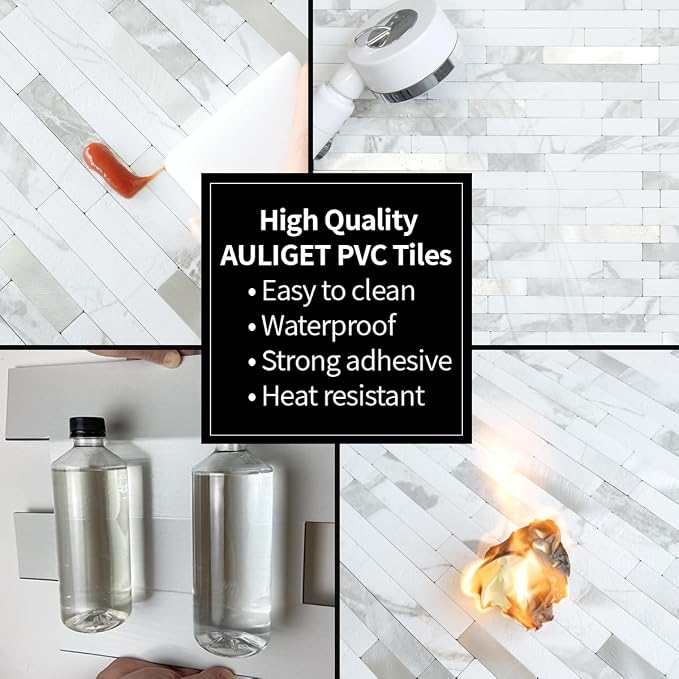 AULIGET 20 Sheets White Stone Peel and Stick Backsplash, PVC Mixed Metal Silver Wall Tile Stick on Backsplash for Kitchen and Bathroom - Image 5