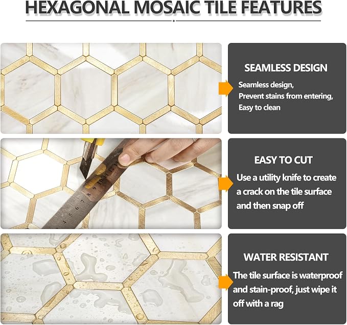 STICKGOO Hexagon Peel and Stick Backsplash Tile, Stick on Backsplash for Kitchen and Bathroom, Glossy Eurasian Wood Grain PVC Mixed Metal Gold Self Adhesive Wall Tiles(10 Sheets, Seamless) - Image 4
