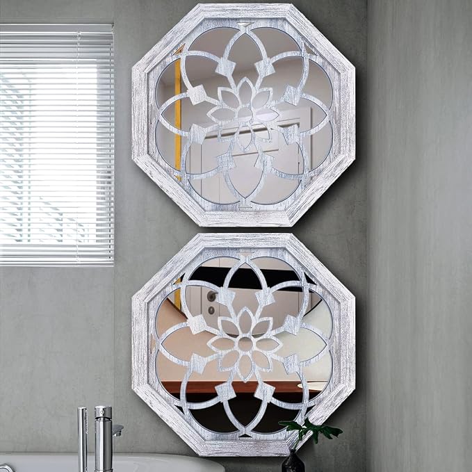 ZOLAPI 2 PCS 20inch Octagon Wall-Mounted Mirrors,Vintage Farmhouse Mirror for Wall Decor,Rustic White Color Decorative Accent Mirror for Foyer, Bathroom, Bedroom. (20”x20”) - Image 3