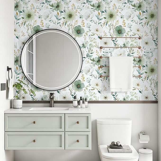 Nukofal Green Floral Peel and Stick Wallpaper for Bathroom 16.9inx196.8in | Floral Contact Paper Watercolor Flower Wallpaper Modern Green Self Adhesive Removable Wall Paper for Cabinet Decor Vinyl - Image 5