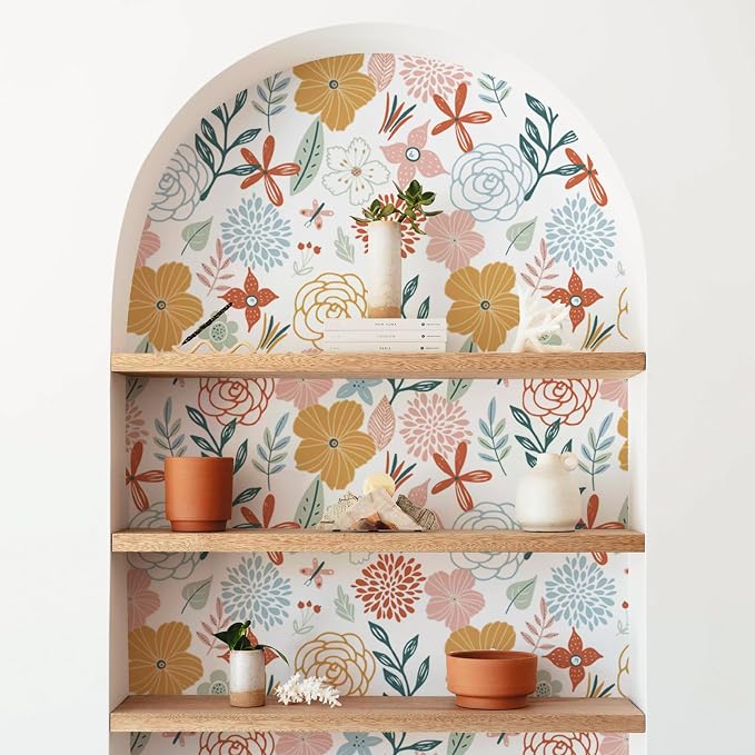WENMER Floral Peel and Stick Wallpaper 17.71”×118”Boho Floral Wallpaper Pink Floral Contact Paper Self Adhesive Removable Wallpaper for Bathroom Cabinet Decorative - Image 3