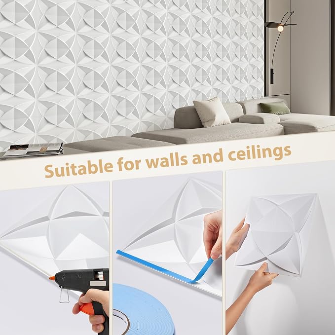 Heikki 30 Pack 3D Wall Panel for Interior Wall Décor, PVC Flower Textured Wall Panels for Living Room Bedroom Hotel Office, 11.8"x11.8", Double-Sided Tape (White-LJH) - Image 3