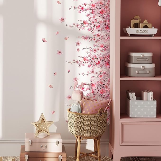 Cherry Blossom Flower Vine Wall Decal Peel and Stick Removable Floral Wall Art for Girls Bedroom Nursery Living Room Decor with Hanging Vines Blossoms - Image 5