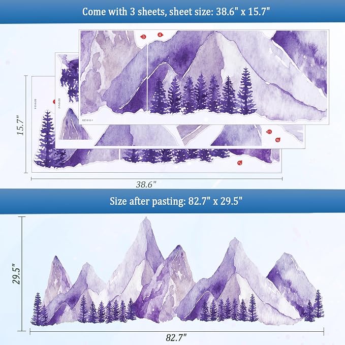 Purple Watercolor Mountain Wall Decals Peel and Stick - Scenic Mountain Pine Trees Forest, Boho Nature Landscape Vinyl Sticker for Bedroom, Nursery, Living Room - Removable Wall Mural Decor - Image 2