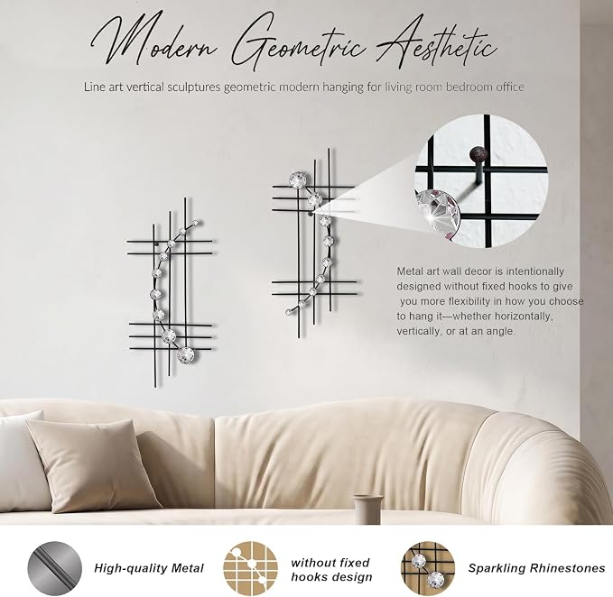 ZEXUIRU 2 Pcs Abstract Metal Art for Wall Decor Living Room Bedroom Bathroom Office Metal Bling Modern Geometric Hanging Vertical Small Iron Sculpture Plaque Pack -Black 15.7in - Image 4