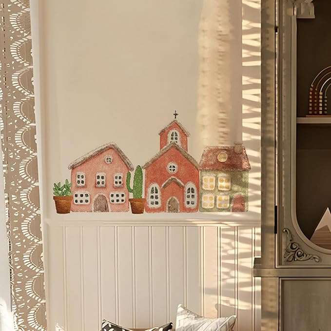 47.24×16.93in Large Nursery Wall Sticker Fairy Tale Cottage‌ Fabric,Pink Watercolor Building House Decal Peel Stick DIY Art Wall Decor for Playroom Kids Room Babyroom Gifts-1 Roll 2 Sheets - Image 7