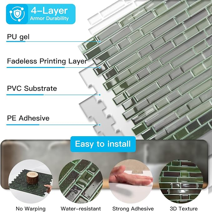 Art3d Linear Design Tile Peel and Stick Backsplash, 10-Sheet, Dark Green | 12 x 12 Inch, Enhanced Thickness, Warp Resistant, Strong Adhesion, Sturdy, for Kitchen, Bedroom, Ideal for Home Improvement - Image 7