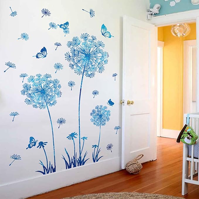 Arawat 2 Set Dandelion Wall Decals - Blue Flower Stickers, Murals, Butterflies Decor for Bedroom, Office, Bathroom, Living Room - Floral Removable Peel and Stick Room Decoration - Image 5