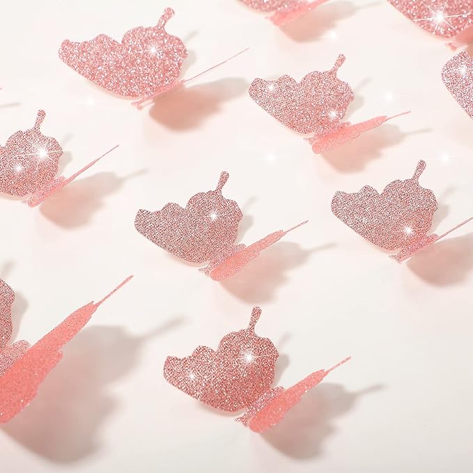 BBTO 48 Pcs 3D Butterfly Mirror Wall Decor,Glitter Pink | Butterfly Stickers,3 Sizes,for Birthday Party Cake,Room Nursery Bathroom Wall Decor,Removable Peel Stick,Reflective - Image 5