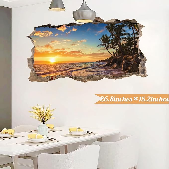 Sunset Beach Wall Decals 3D Broken Walls Stickers Peel and Stick Art Murals | Sunset palm tree stickers, removable beach seascape vinyl decal, for bedroom living room kitchen summer art print decorative - Image 3