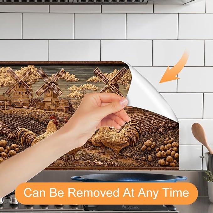 Rooster Windmill Kitchen Backsplash Peel and Stick, 30x16 in | Faux wood-carved rooster and windmill farmscape on warm walnut tones; flat 2D waterproof peel and stick; wipe clean; 30x16 in - Image 3