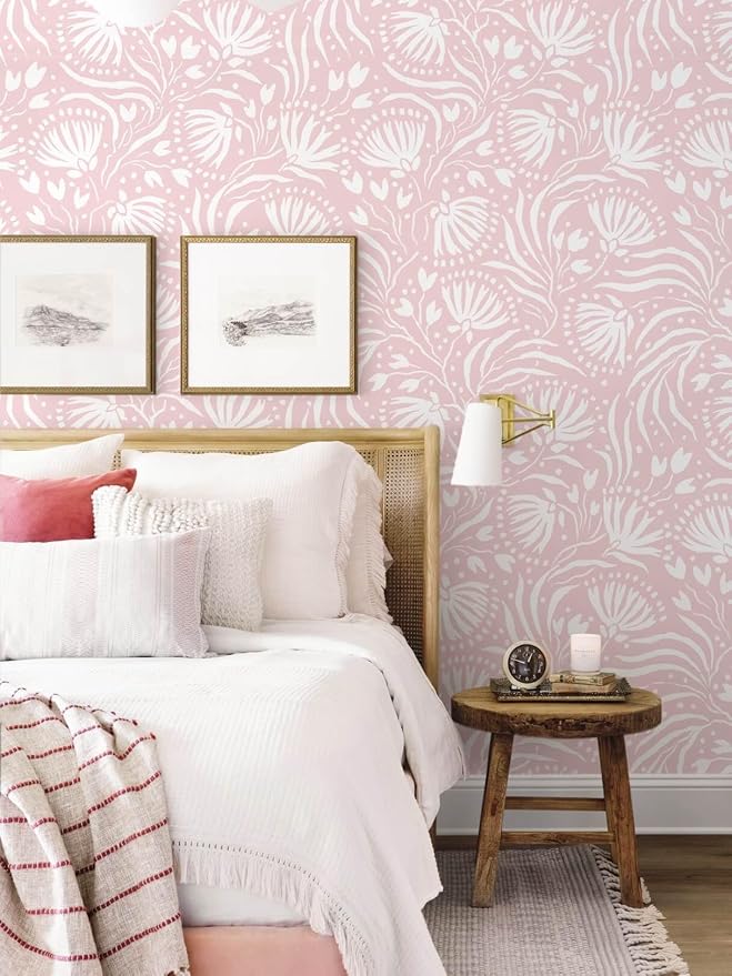Ismoon Boho Peel and Stick Wallpaper Pink Floral Contact Paper Boho Stick on Wall Paper Textured Removable Self Adhesive Vinyl Wallpaper for Bedroom Bahtroom Wall Decor 17.3x196in - Image 7
