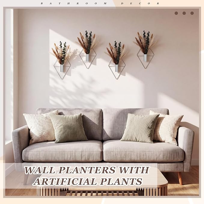 Jexine 4 Pcs Hanging Artificial Planters Wall Decor, Chrome Silver, Pampas | Bathroom Wall Decor, Geometric Metal Vase, Indoor Plants, Living Room, Home Office, Entryway, Boho Accent, Wall Mounted - Image 4