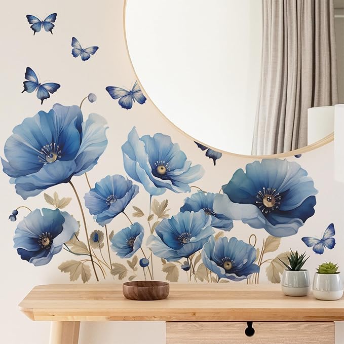 TUOKING Blue Flowers Wall Stickers Removable Butterfly Wall Murals | Peel and Stick Wall Art Decal Home Decor for Kitchen,Bedroom,Living Room(fun-c13) - Image 3