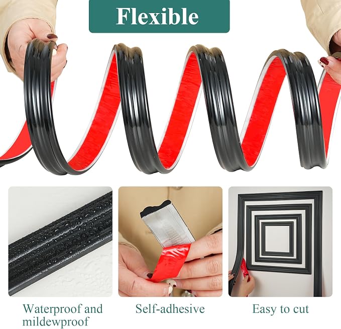 Flexible Chair Rail Panel Molding Finish Trim ，10FT*1.6IN Peel and Stick Black Self-Adhesive DIY Wall Molding Trim for Frame,Home Decoration & Wall Protection - Image 4