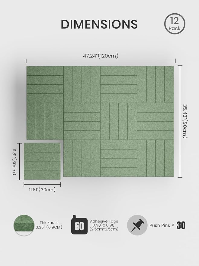 Bumusty 48"x 36" Large Felt Bulletin Board Tiles, Moss Green | 12-Pack Cork Board Alternative, Wall Decor, 30 Pushpins, 60 Adhesive Tabs, Vision Board, Office, Classroom, Home, Dorm - Image 2