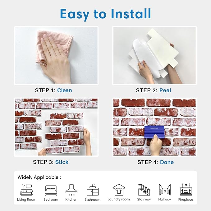COMSTICKC 3D Faux Brick Wall Panels Peel and Stick, 10 Pcs 11.8" x 11.8" | Whitewash Red, Not Real Brick, Small Size, Ultra-Light Thin PVC, Fake Brick Decorative Tiles for DIY Decor, Cover 9.7 sq ft - Image 8