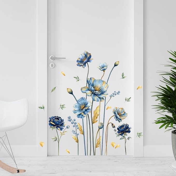 LHIUEM Blooming Golden Leaves Blue Flowers Wall Stickers 39”x12” Large Floral Peel and Stick Wall Decals Removable Bright Wildflower Wall Decals for Bathroom Living Room Window Bedroom - Image 5
