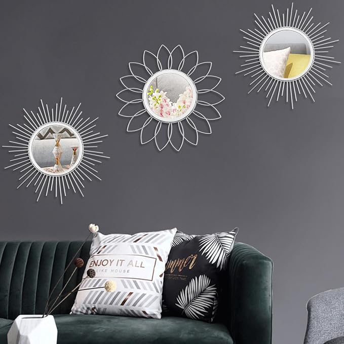 3 Pack Metal Mirrors for Wall Sunburst Wall Mirrors Home Décor Decorative Hanging Wall Art for Living Room Bedroom Entryway (Silver, Flower+Sunburst) - Image 3