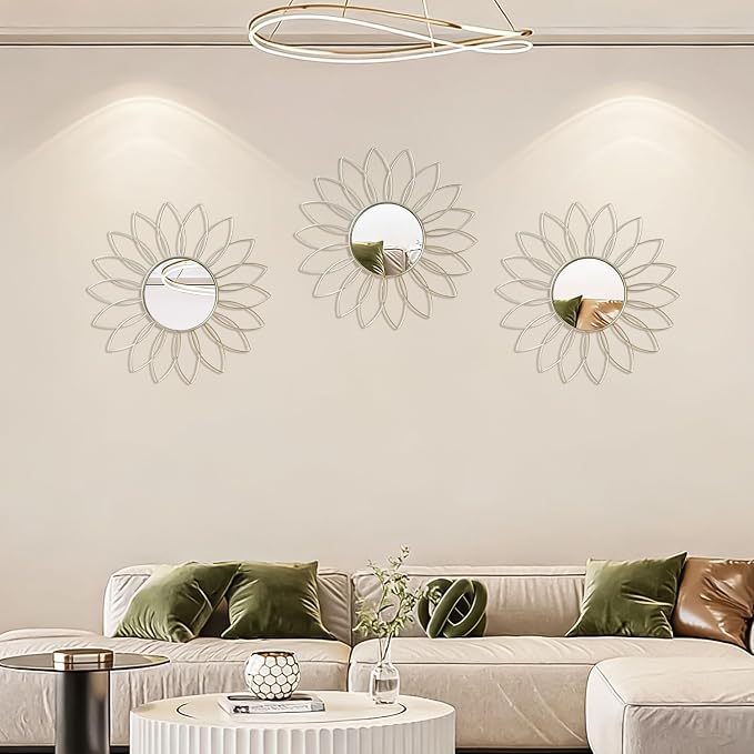 3 Pack Metal Mirrors for Wall Sunburst Wall Mirrors Home Décor Decorative Hanging Wall Art for Living Room Bedroom Entryway (Silver2, Flowers) - Image 6