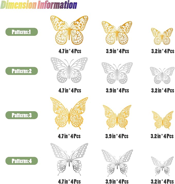 SAOROPEB 3D Butterfly Wall Decor 48 Pcs 4 Styles 3 Sizes, Butterfly Birthday Decorations Party Decorations Cake Decorations Wedding Decor, Removable Stickers (Gold, Silver) | 4 Styles 3 Sizes, Party Decorations Birthday Cake Decorations Wedding Decor, ... - Image 6
