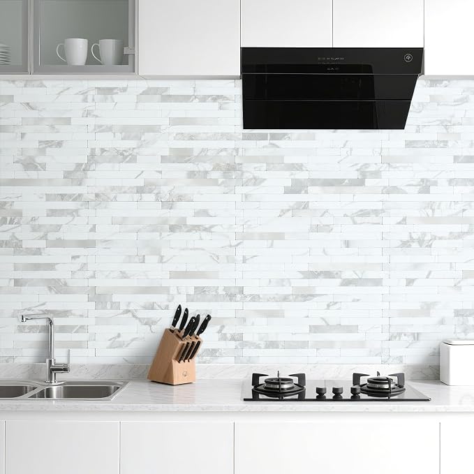 AULIGET 20 Sheets White Stone Peel and Stick Backsplash, PVC Mixed Metal Silver Wall Tile Stick on Backsplash for Kitchen and Bathroom - Image 2