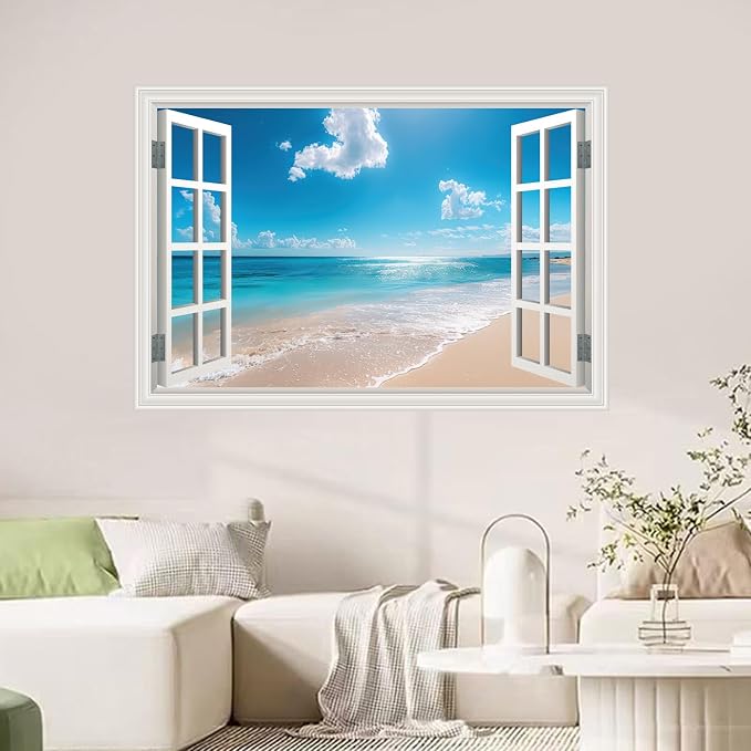 Fake Window Poster Wall Art Sticker - Summer Beach Faux Window Wall Mural for Wall Decor, Stick and Peel Wall Decals, 24" x 16" - Image 4