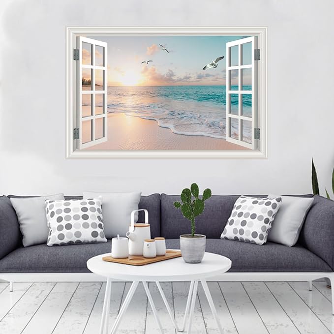 Fake Window Wall Mural Sticker -Summer Sunset Beach Open Wall Art Decal | Faux Window Natural Scenery Landscape Decorations｜Stick and Peel Wall Decals｜Room Bedroom Office Decor｜48"x32"Set of 2 Sheets - Image 8