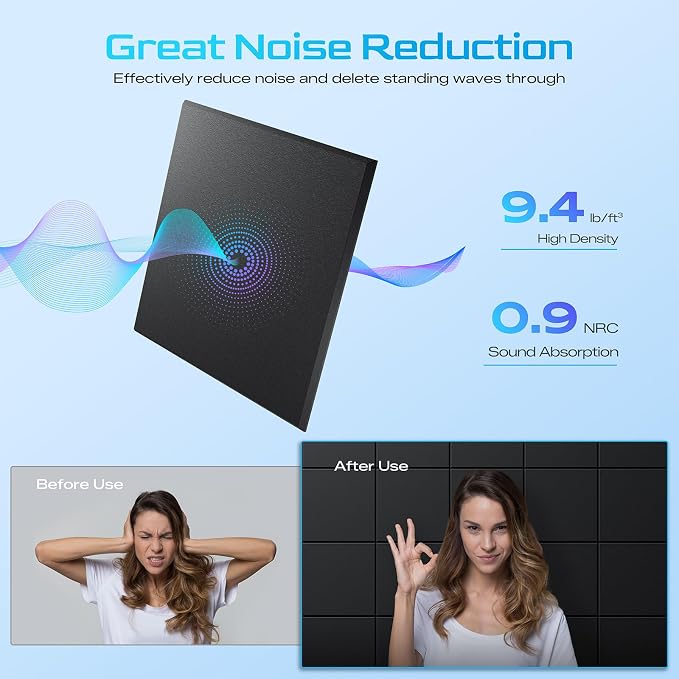 6 Pack Self-Adhesive Sound Proof Foam Panels for Walls 12"x12"x0.4" Fabric | High-Density Acoustic Panels, Noise Reducing Soundproof Wall Panels for Home Studio, 36" x 24" Felt Bulletin Board Black - Image 3