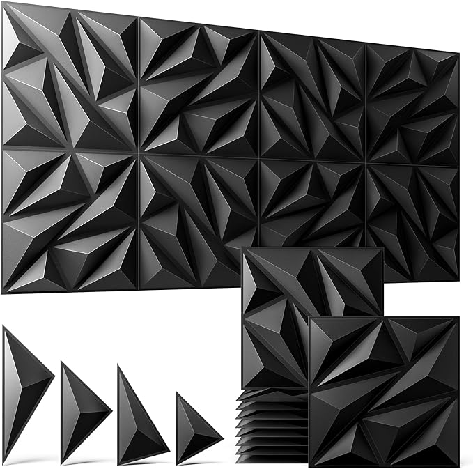 3D Wall Panels Black 16 Pack (Covers 15.5 Sq.Ft), 12" x 12" Diamond Texture Premium PVC Wall Tiles for Interior Decor, Waterproof & Paintable Accent Paneling for Gaming Room, Living Room by ZELMINE