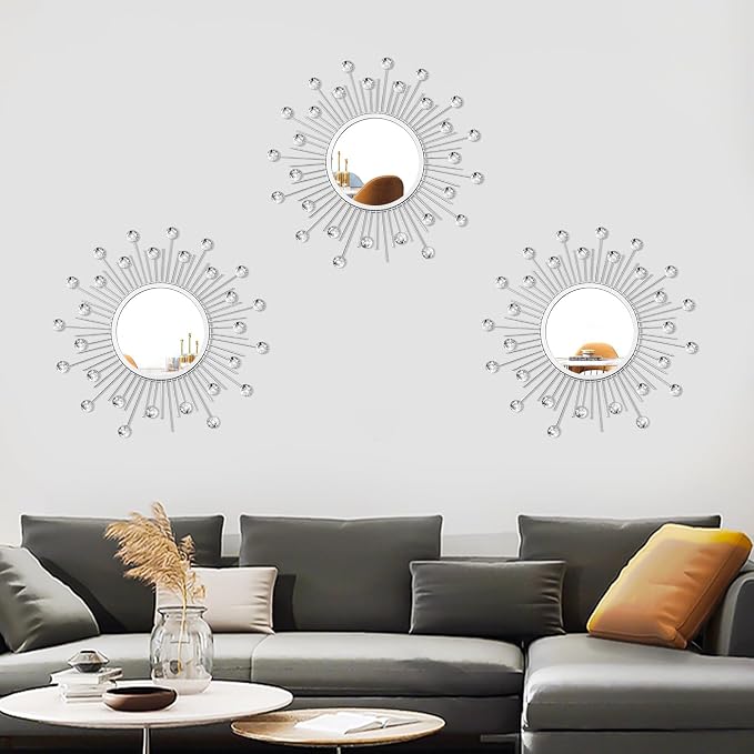 3 Pack Metal Mirrors for Wall Sunburst Wall Mirrors Home Décor Decorative Hanging Wall Art for Living Room Bedroom Entryway (Silver Crystal, Sunburst) - Image 5