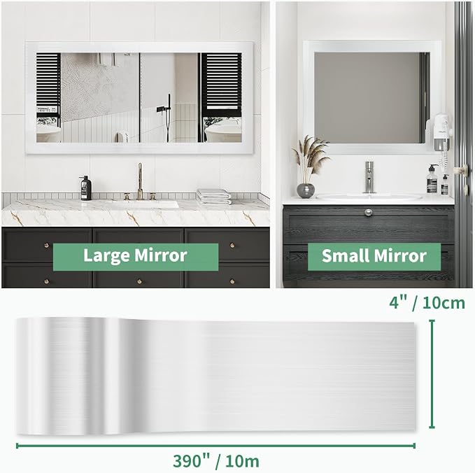 10M Peel and Stick Wallpaper Borders 390” x 4” Self Adhesive Mirror Frame Border Wood Grain DIY for Kitchen Bathroom Mirror Removal Border Sticker Wall Decor Cover 10.8 Sq.Ft, Brushed Sliver - Image 3