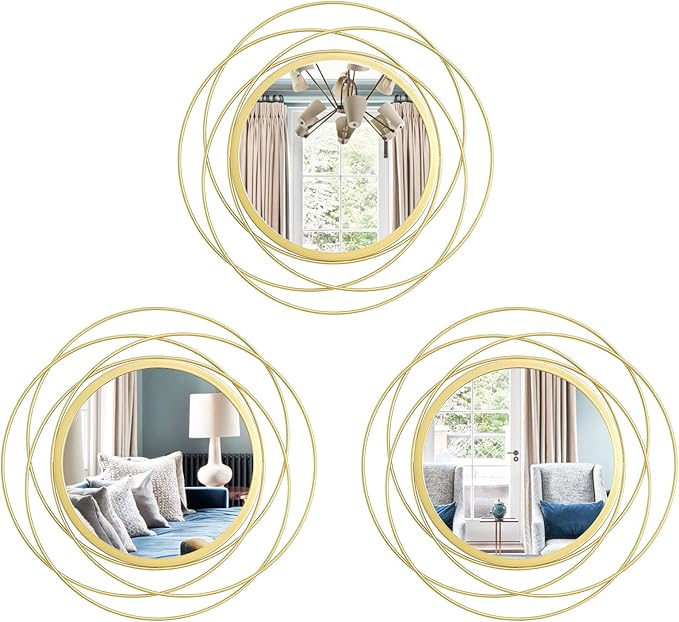 3 Set Round Mirrors for Wall Decor Living Room Bedroom Bathroom Dining Room Metal Circle Mirror Set Boho Decorative Sunburst Wall Art Accent Entryway - Gold 9.5 in by Cityelf