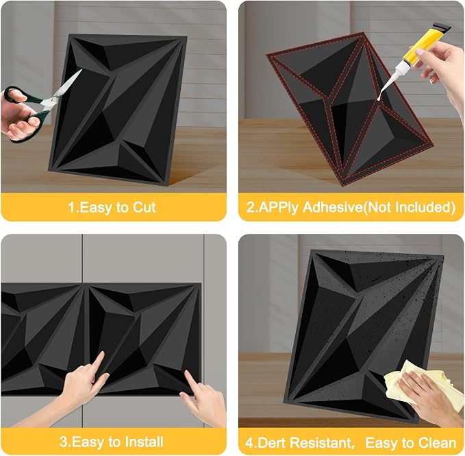 33-Pack 3D Wall Panels Black for Interior Wall Decor, Waterproof PVC Diamond Texture Accent Wall Panels for Gaming Room Living Room Bedroom Office, 12"x12" Matte Black Geometric Wall Tiles - Image 6