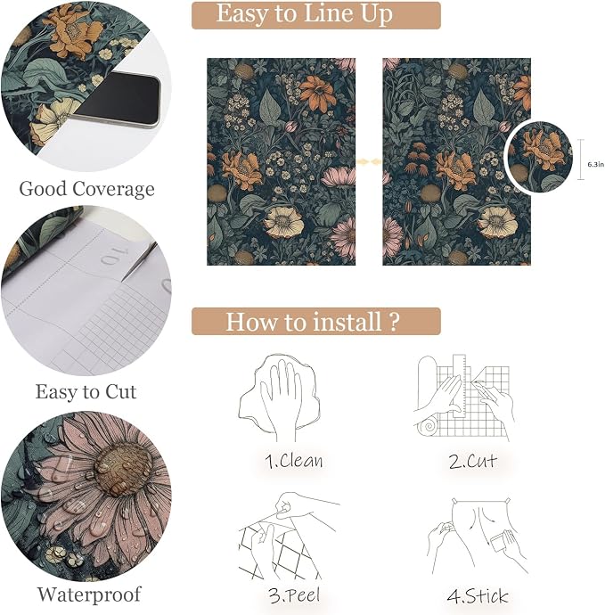 Orainege Vintage Peel and Stick Wallpaper Boho Floral Wallpaper for Bedroom | Living Room Removable Self Adhesive Floral Contact Paper for Cabinets Accent Wall 17.3inx196.8in - Image 5