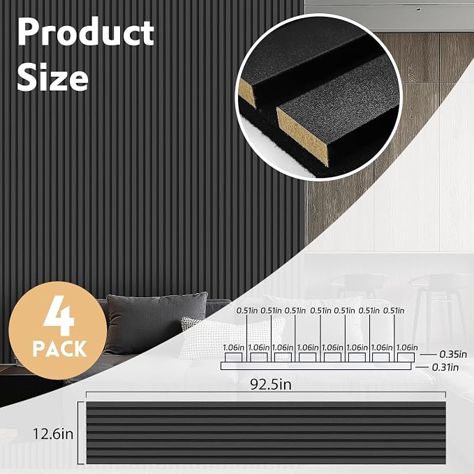 RITOLLO 4 Pack Wood Panels for Wall, 92.5"×12.6" Wood Slat Acoustic Panels for Wall, Soundproof Panels, 3D Fluted Panels for Interior Wall Decor (Black) - Image 2