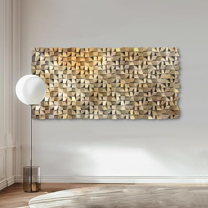 BrightA Mosaic Wall Art, Natural Pine Geometry, Sculptural Wall Statement | textured wood wall panel; warm neutral tones, portrait or landscape; office reception welcome-wall centerpiece; 31.5 x 63 in - Image 7