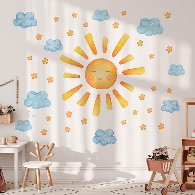 35.4 ×11.8 Inch Sun Clouds Wall Decal Watercolor Mural Modern Vinyl Removable Peel Stick Sticker for Nursery Room Playroom Living Room Bedroom Decor by Denylopro