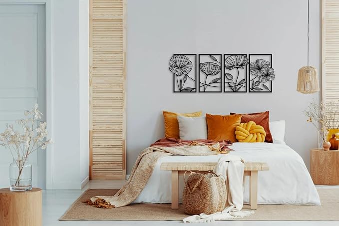 ESTART 4Pcs Metal Lotus Wall Decor Abstract Floral Line Art Sculpture | Minimalist Wall Decor for Bedroom Flowers Hanging Wall Sculpture for Living Room Kitchen Office and Yoga Room (Black) - Image 4